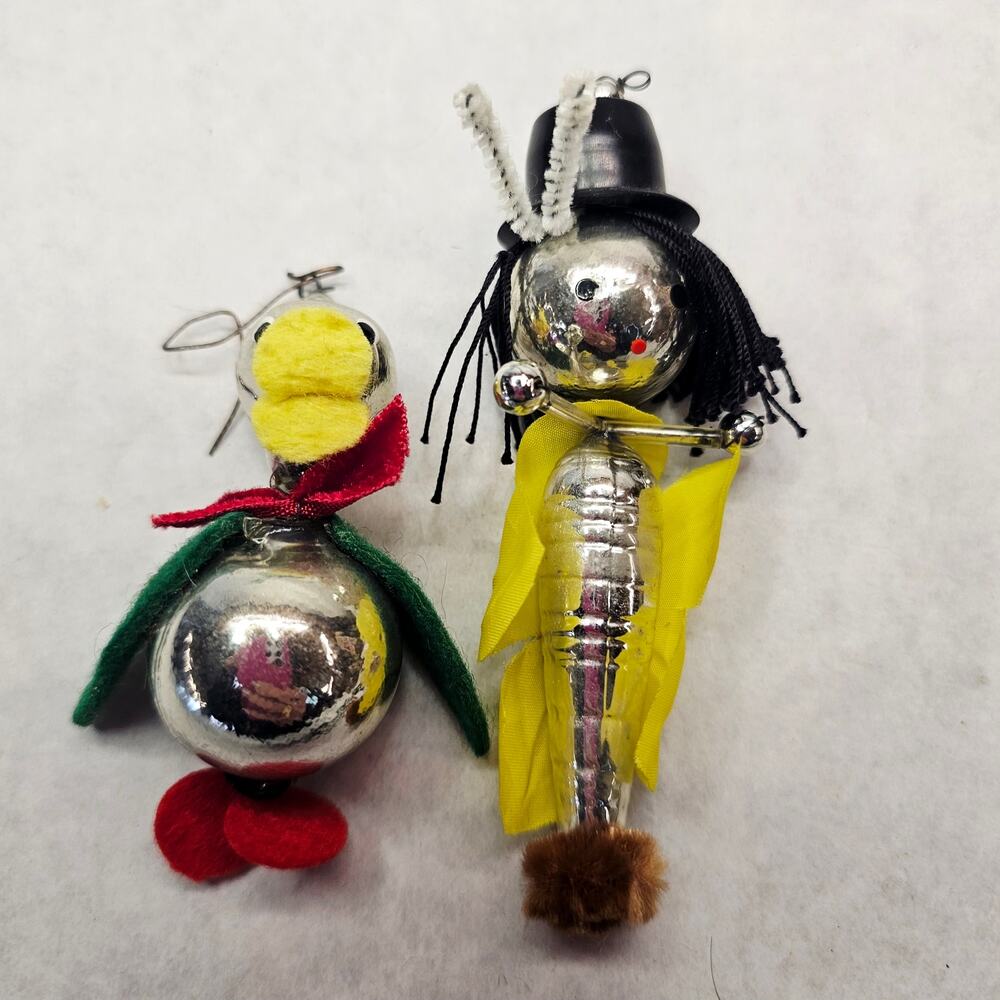 Vintage Felt Pipe Cleaner Christmas Butterfly Man Duck Glass Bead Ornaments